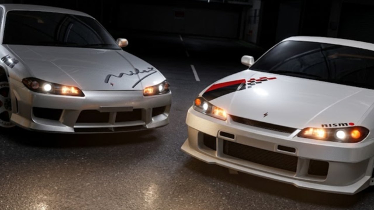 Two tuned Japanese sports cars parked headlights-on in Driving Experience Japan